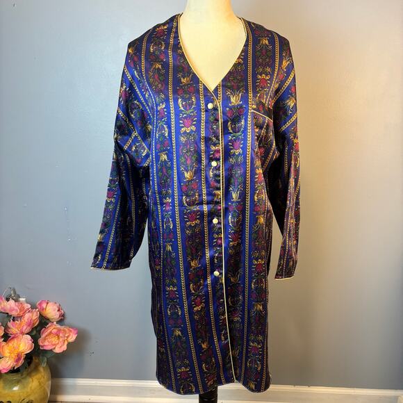Vintage Vanity Fair Button Up Nightgown Robe Long Sleeve Royal Blue Large - Picture 1 of 8